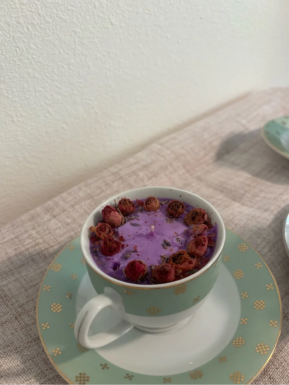 Set of 3 Homemade Candles with Elegant White Porcelain Tea Cups & Saucers